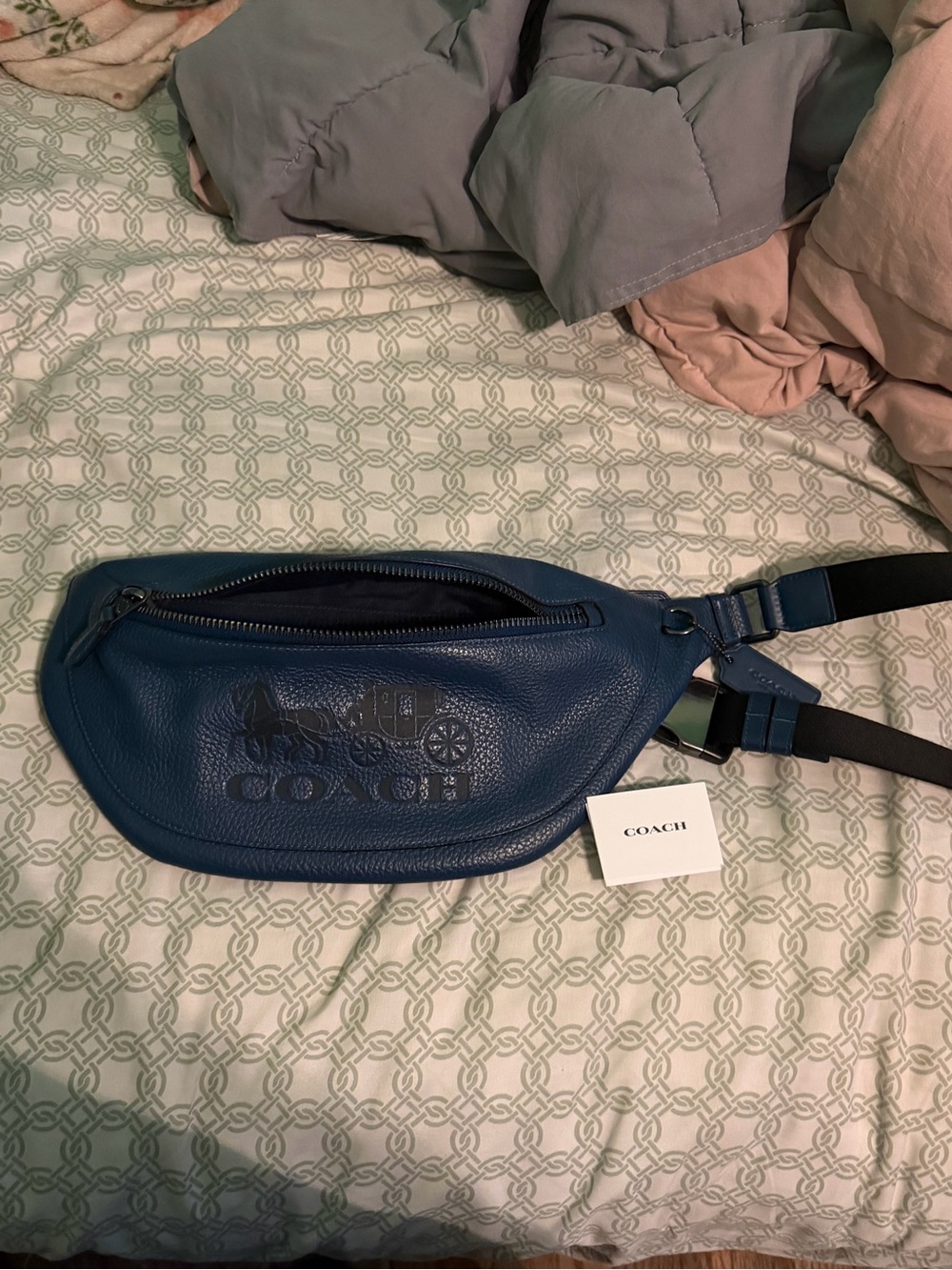 Coach Men's Navy Blue Leather Belt Bag with Embossed Logo